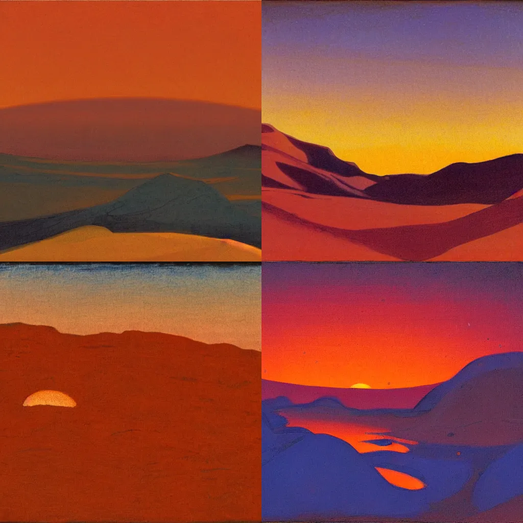 Prompt: sunset on mars, by Roerich