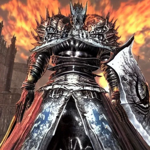 Image similar to screenshot of a unique boss from darksouls 3. It is wearing colored armour and has a very muscular physique