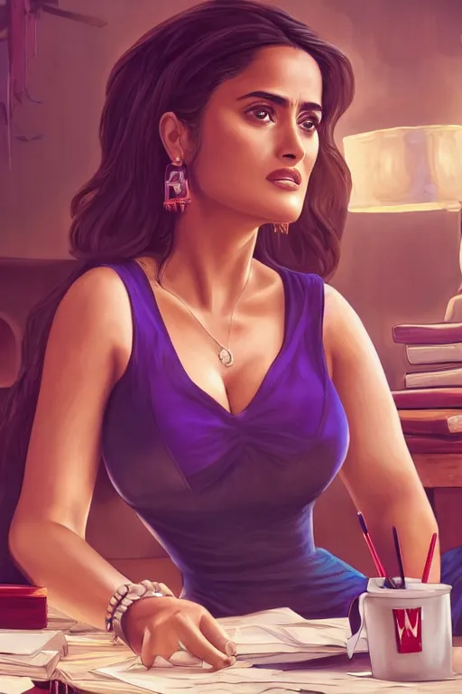 Prompt: salma hayek sitting at a desk, big bust v neck shirt, mcdonalds interior, highly detailed, wide shot, intricate, cute, mystical, sharp focus, Trending on Artstation HQ, deviantart, unreal engine 5, 4K UHD image