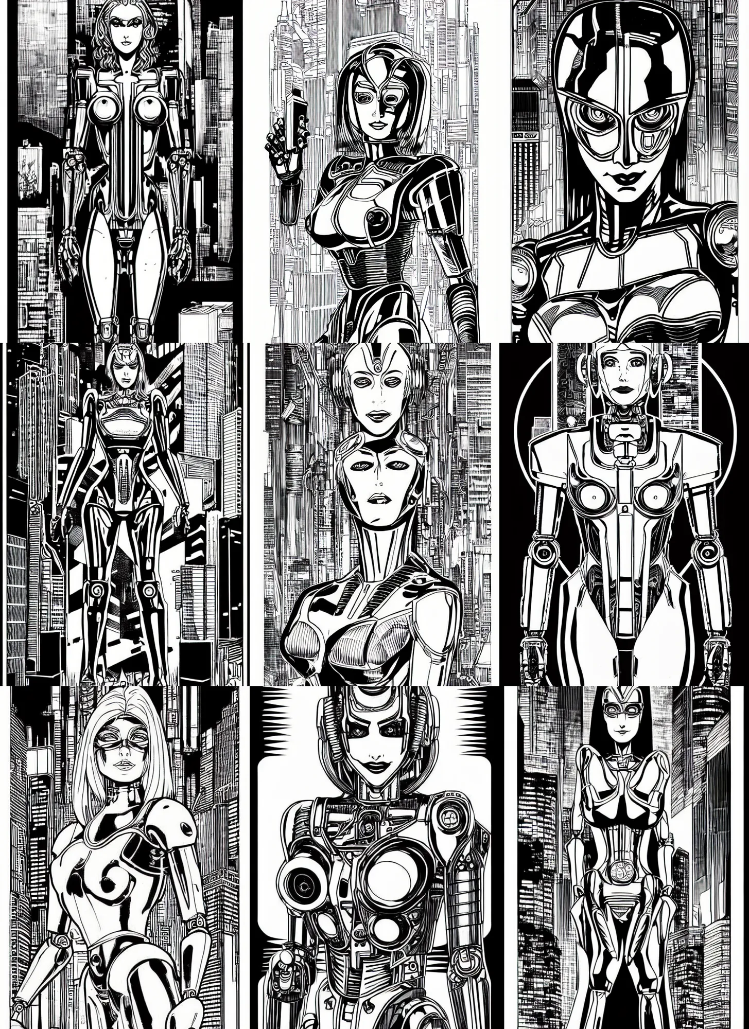 Prompt: metropolis robot woman, portrait, cyberpunk 2 0 2 0 manual, by steampoweredmikej, inktober, ink drawing, black and white, coloring pages, manga, highly detailed