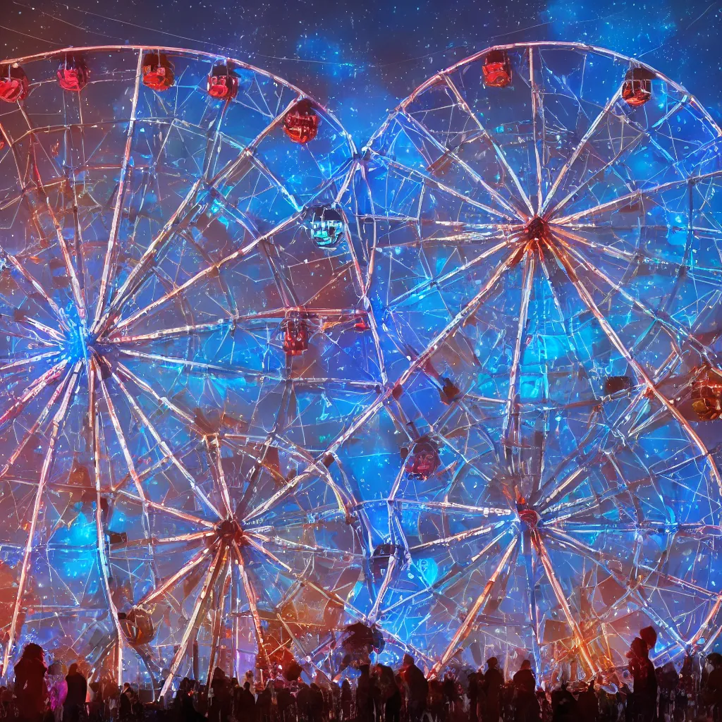 Prompt: Four-dimensional Ferris Wheel, space carnival, concept art, trending on Artstation, high definition, dramatic contrast, 8K, detailed, light bloom bokeh, blue hour
