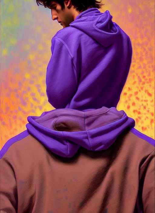 Image similar to young man in a purple hoodie, back view, messy short brown hair, colourful, oil painting, intricate, elegant, highly detailed, lighting, painting, artstation, smooth, illustration, art by greg rutowski and alphonse mucha