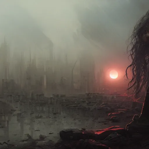 Prompt: A portrait of a suicidal girl, ruins of a destroyed city and a yellow-red full moon on background, techwear, dark, atmosphere, natural volumetric light, intricate, highly detailed, digital painting, concept art, sharp focus, illustration, art by greg rutkowski, matte painting, trending on artstation, rule 34