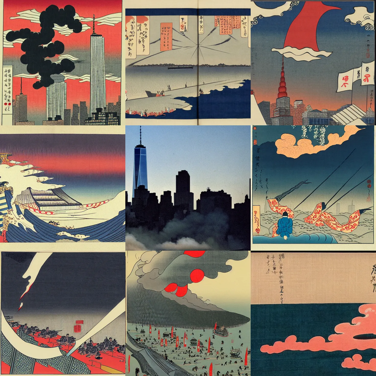 Prompt: 9 / 1 1 attacks, ukiyo - e style, new york city, buildings and smoke
