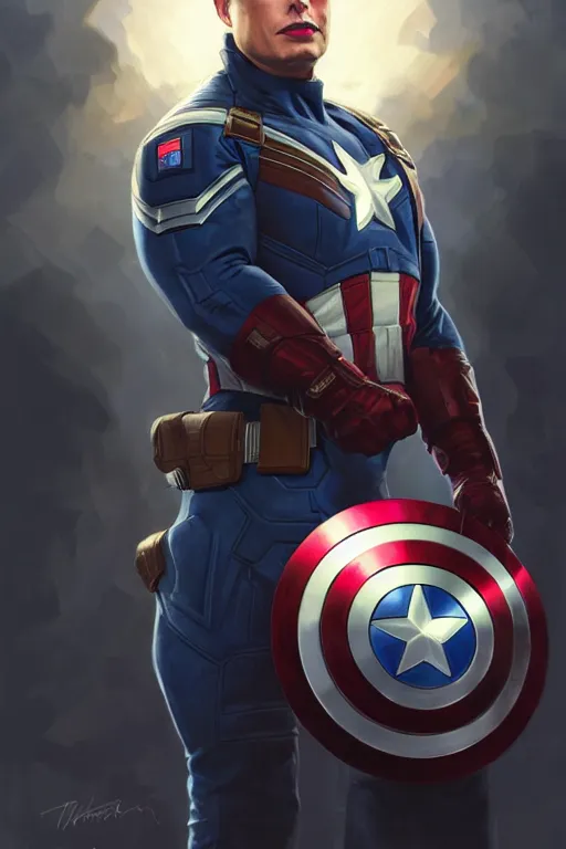 Image similar to elon musk as captain america, portrait, highly detailed, digital painting, artstation, concept art, smooth, sharp focus, illustration, cinematic lighting, art by artgerm and greg rutkowski and alphonse mucha