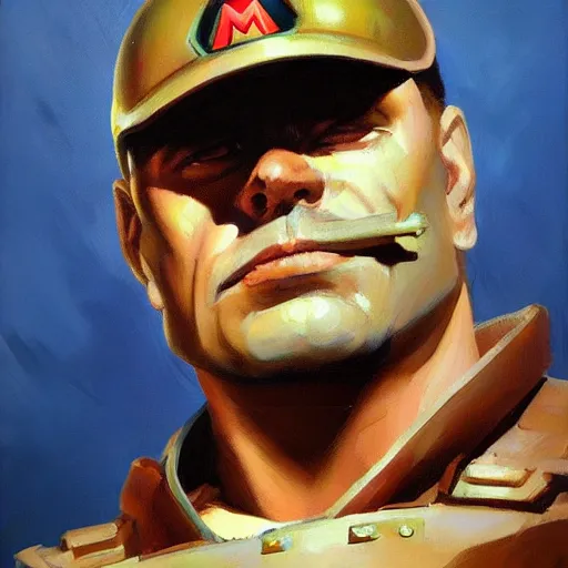 Image similar to greg manchess portrait of mario as doomguy, medium shot, asymmetrical, profile picture, organic painting, sunny day, matte painting, bold shapes, hard edges, street art, trending on artstation, by huang guangjian and gil elvgren and sachin teng