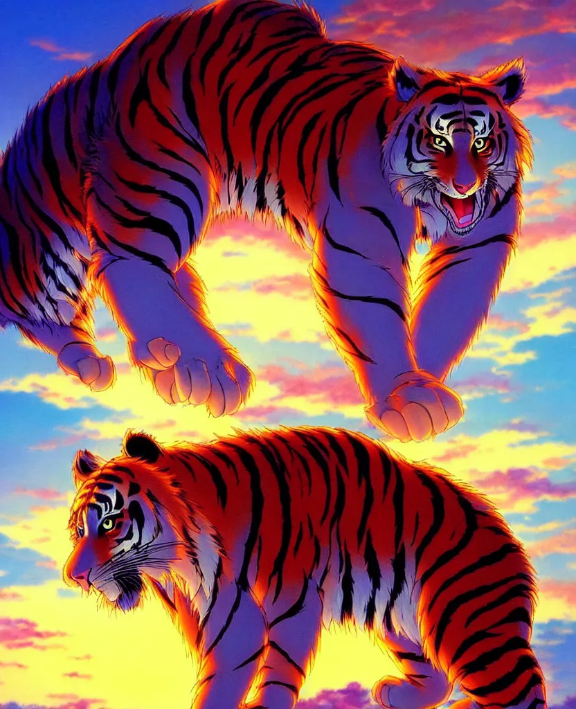Image similar to beautiful painting from the anime film by studio ghibli blue neon anthropomorphic tiger human hybrid golden hour backlit