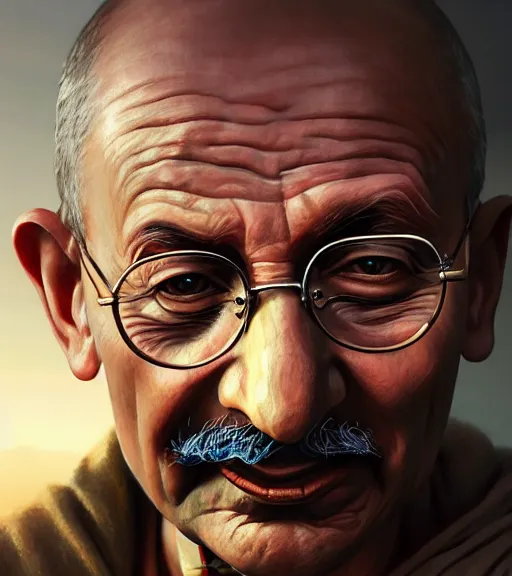 Image similar to Highly detailed portrait of Gandhi, in GTA V, Stephen Bliss, unreal engine, fantasy art by Greg Rutkowski, Loish, Rhads, ferdinand knab, Makoto Shinkai and Lois van baarle, ilya kuvshinov, rossdraws, Tom Bagshaw, global illumination, radiant light, detailed and intricate environment