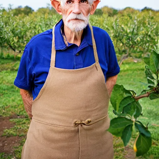 Image similar to portrait of an aged elf man, standing in an apple orchard, dressed well, very handsome