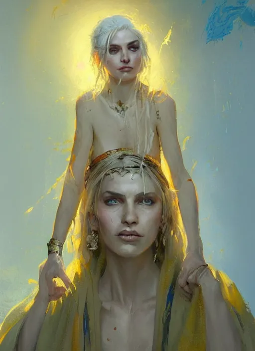Prompt: a beautiful detailed painting of a gypsy sorcerer in colorful robes, pale skin, white hair, yellow eyes, master of dreams art by jon foster trending on artstation painted by greg rutkowski, painted by stanley artgerm
