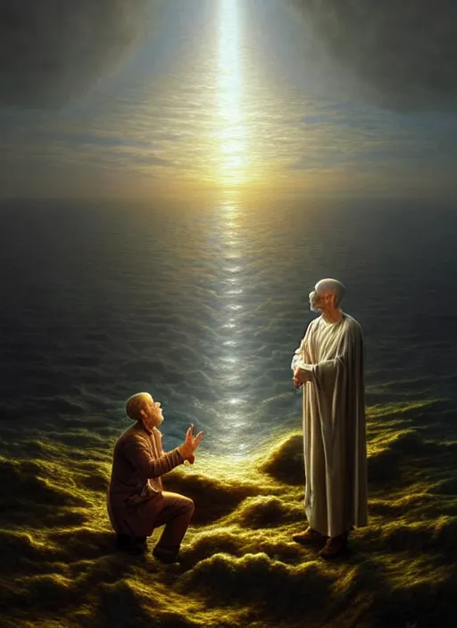 Prompt: a hyper - detailed 3 d render like a oil painting of god speaking with his creation, surrealism!!!!! surreal concept art, lifelike, photorealistic, digital painting, aesthetic, smooth, sharp focus, artstation hd, by greg rutkowski, chris tulloch mccabe, valentina remenar and asher duran,