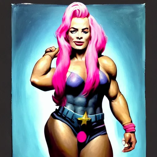 Prompt: greg manchess portrait of margot robbie as very happy thick muscular female bodybuilder zarya from overwatch with pink hair in disco elysium, fantasy, medium shot, asymmetrical, profile picture, organic painting, matte painting, bold shapes, hard edges, street art, trending on artstation, by huang guangjian and gil elvgren and sachin teng