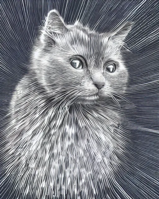 Prompt: highly detailed high resolution stacked plot of radio emissions from a pulsar, constructing a fluffy cat isolated on black, silk screen t-shirt design 4K