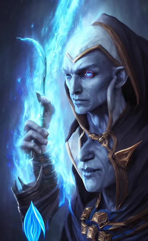 Prompt: legendary dark elf wizard with blue flame staff, highly detailed, d & d, fantasy, highly detailed, digital painting, trending on artstation, concept art, sharp focus, illustration, global illumination, ray tracing, realistic shaded, art by artgerm and greg rutkowski and fuji choko and viktoria gavrilenko and hoang lap