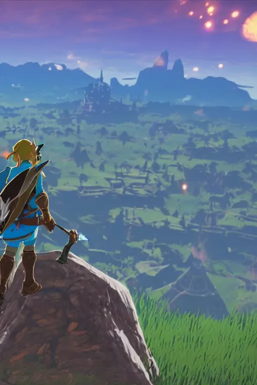 Image similar to in game footage of link from the legend of zelda breath of the wild activating magnesis, breath of the wild art style.