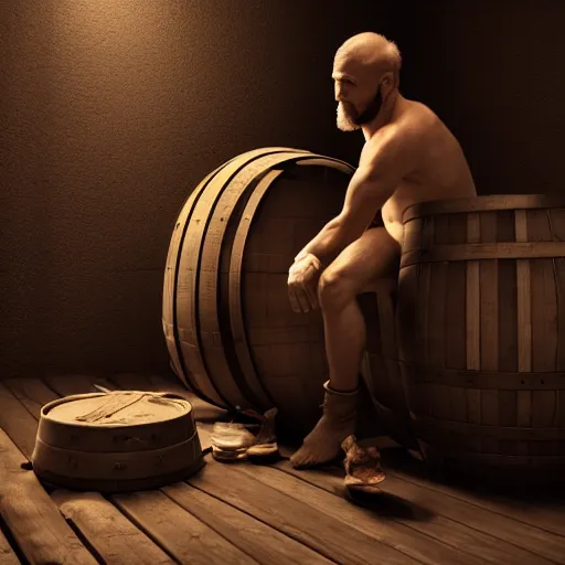 Prompt: diogenes tugging, sitting in a barrel, photorealistic, 3 d model, unreal engine, octane render, ultra quality, eerie lighting, dynamic shadows, 4 k