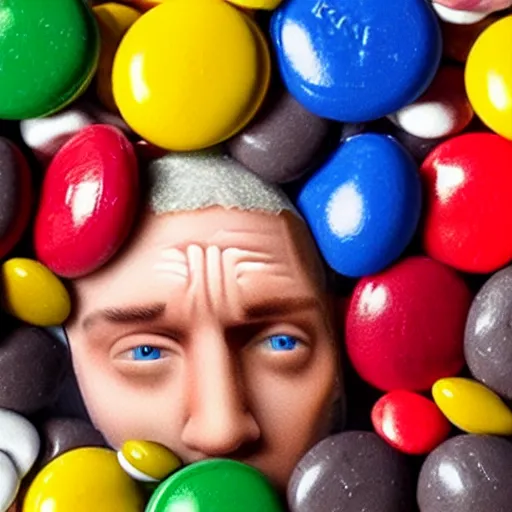 Image similar to eminem's face in a bowl of m & ms, high detail