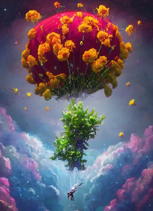 Image similar to An epic fantastic realism comic book style painting of the most beautiful flowers launched into space, nearby stars, dark cosmos, bouquets, fisheye lens, unreal 5, DAZ, hyperrealistic, octane render, dynamic lighting