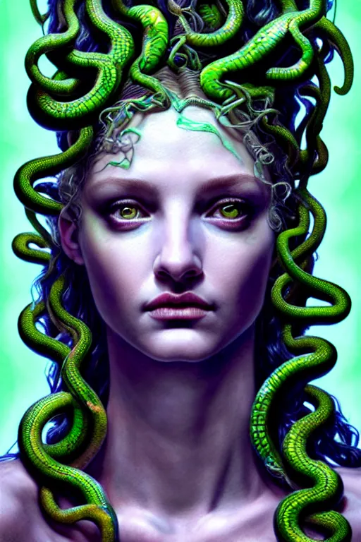 Prompt: hyperrealistic mixed media painting of Medusa, green scaley serpents in her hair, full body, stunning 3d render inspired art by P. Craig Russell and Barry Windsor-Smith + perfect facial symmetry + dim volumetric lighting, 8k octane beautifully detailed render, post-processing, extremely hyperdetailed, intricate, epic composition, grim yet sparkling atmosphere, cinematic lighting + masterpiece, trending on artstation, very very detailed, masterpiece, stunning