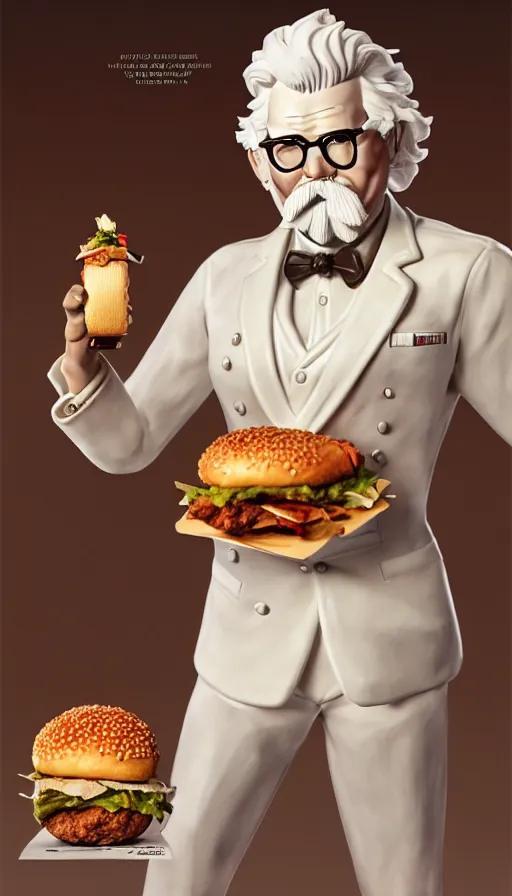 Image similar to a full body portrait of colonel sanders the fried chicken god, presenting the zinger burger!! extremely beautiful, anatomically accurate, by artgerm and by greg rutkowski and by alphonse mucha and by simon bisley, radiant light, detailed and intricate environment,