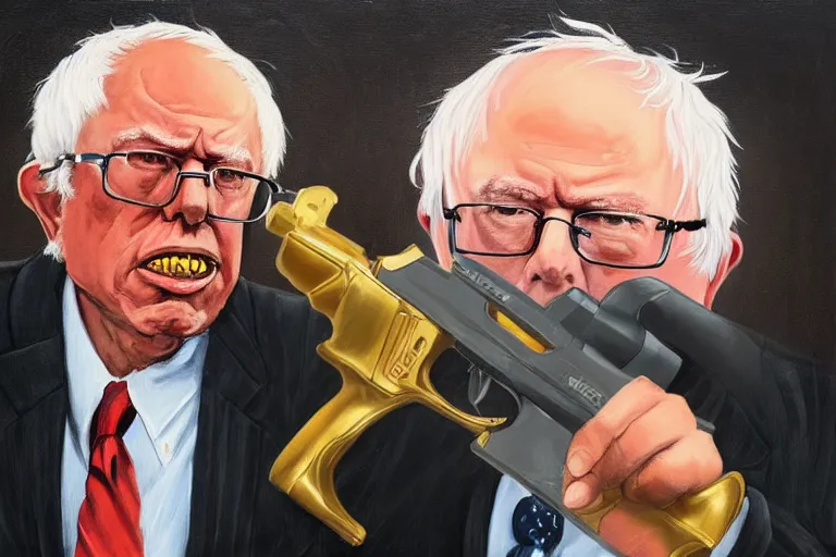 Image similar to Bernie Sanders as rap artist in the hood with gold chains and gold teeth, drinking cough syrup, carrying an Uzi, oil on canvas, artstation, portrait, masterpiece, aesthetic