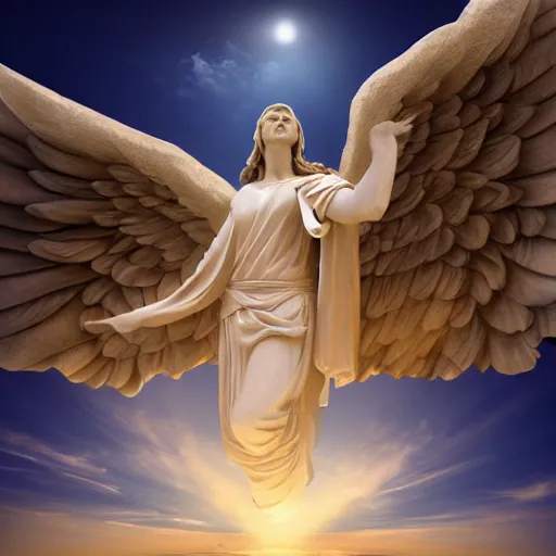 Image similar to gigantic biblical depiction of an angel towering over a vast landscape, cinematic, realistic, geometric white marble body, photorealistic, detailed, gold sky, global illumination, volumetric lighting, 8 k, god rays, beautiful, majestic clouds, soft colors, heavenly lighting