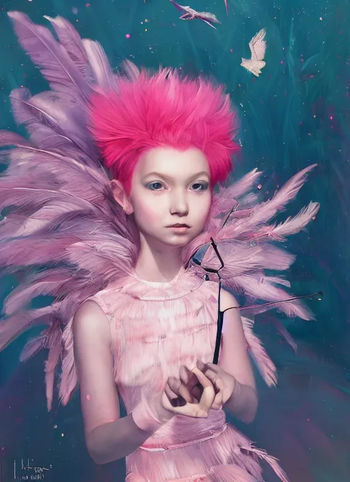 Image similar to beautiful little girl with an pink eccentric haircut wearing an dress made of feathers dancing on stage, artwork made by ilya kuvshinov, inspired in donato giancola, hd, ultra realistic, reflection, flowers, light, realistic face, bird tattoo, trending on pixiv, 8 k, ray tracing, glorious