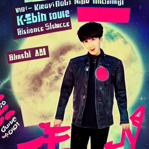 Prompt: “K-pop idol Changbin on a retro science fiction book cover”