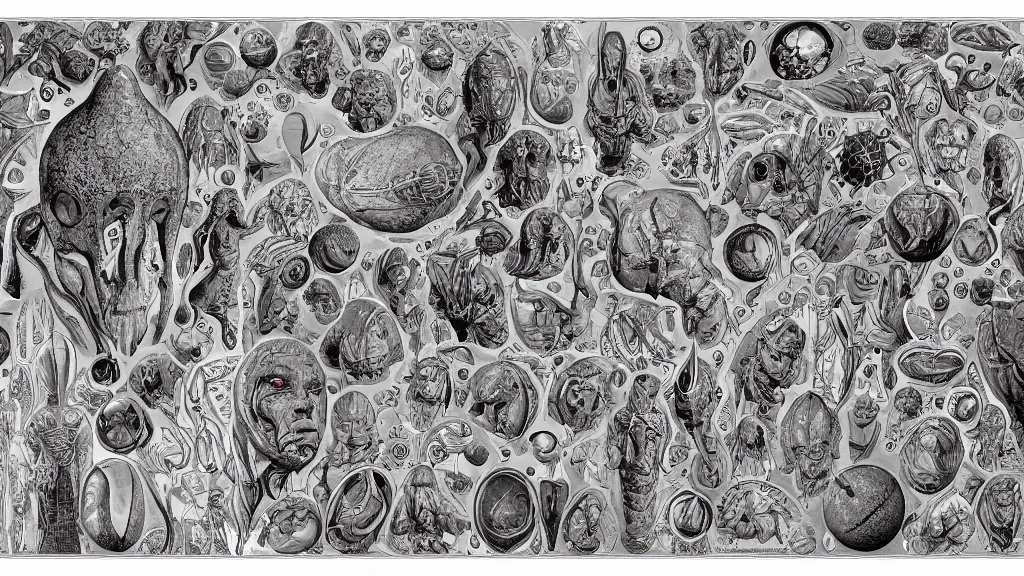 Prompt: character sheet for an extraterrestrial with large bulbous head, religious robes, retrofuture, ernst haeckel, fantastic planet, moebius, valerian, coherent, illustration, digital art, trending on artstation, hd, 8 k, good lighting, beautiful, rough paper, masterpiece