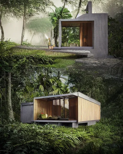 Image similar to a beautiful 3d renderings of a little house in the jungle, architecture by SOM Architect. Architectural photography, 14mm, cinematic photography, high resolution 4k, cg architects, vray