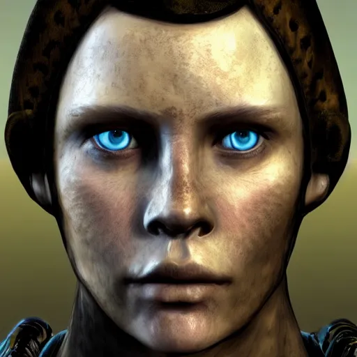 Prompt: wasteland 2 character portrait, blue eyes and brown hair