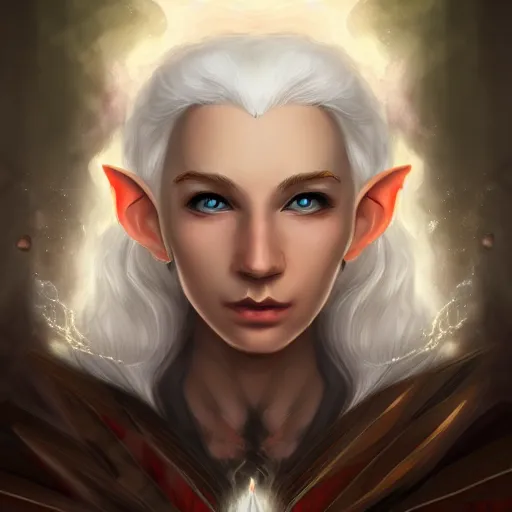 Prompt: Beautiful white haired aged fair skinned scholar elf with spell scroll and lightning background, realism, digital painting, detailed artwork, portrait, mythical, artstation