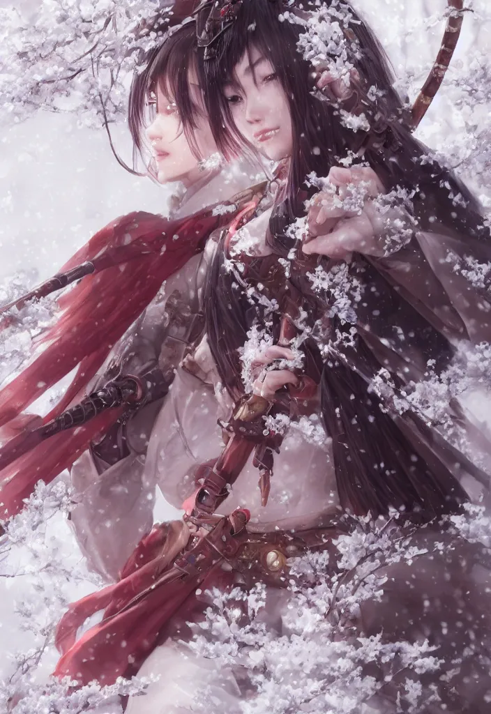 Prompt: detailed portrait of one single steampunk girl samurai with tachi and cross bow combat pose in snow forest sakura cherry blossom swan hakama kimono trending on artstation elite, elegant, luxury, by krenz cushart greg rutkowski alexandros, perfect face, fine details, realistic shaded, fine - face, pretty face