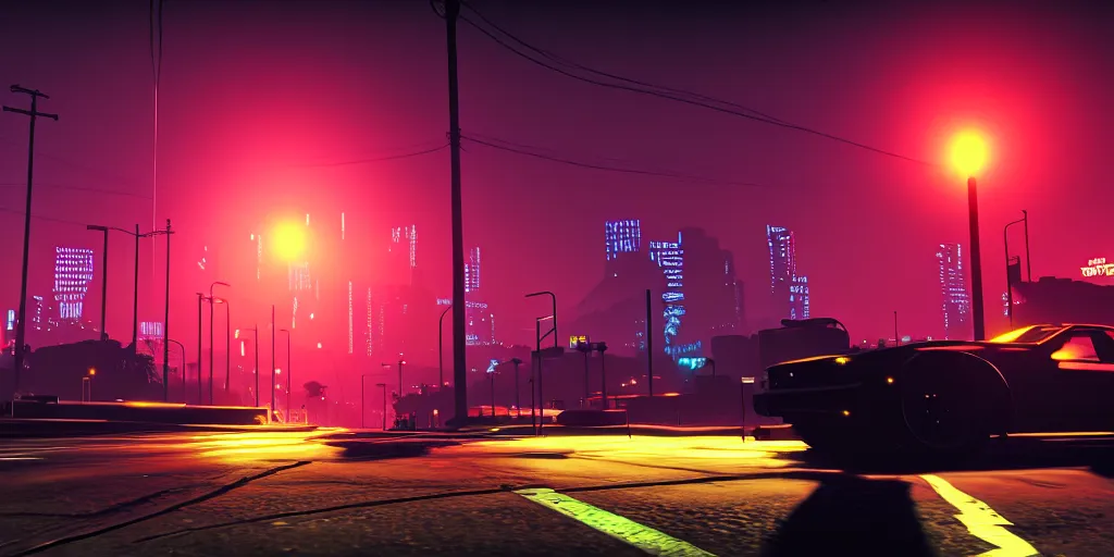 Image similar to gtav los santos at night, cyberpunk art style