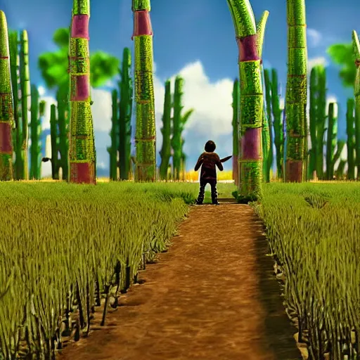 Image similar to 3d video game gameplay of man in field of giant asparagus