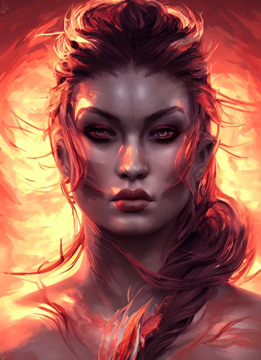 Image similar to portrait of the fire princess, fierce, striking, wonderful shading, realistic perfect face, concept art, dynamic pose, digital illustration, trending on artstation, intricate details, epic composition, sharp focus, 8 k uhd, masterpiece, wlop, ross draws