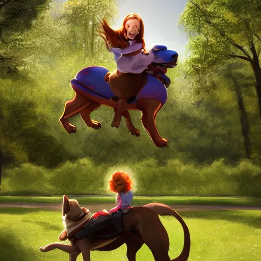 Image similar to girl riding a giant dog in the park, trending on artstation