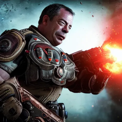 Image similar to Portrait of Nigel Farage in Gears of War, splash art, movie still, cinematic lighting, dramatic, octane render, long lens, shallow depth of field, bokeh, anamorphic lens flare, 8k, hyper detailed, 35mm film grain