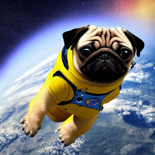 Prompt: A pug in a spacesuit floating through space. Photorealistic.