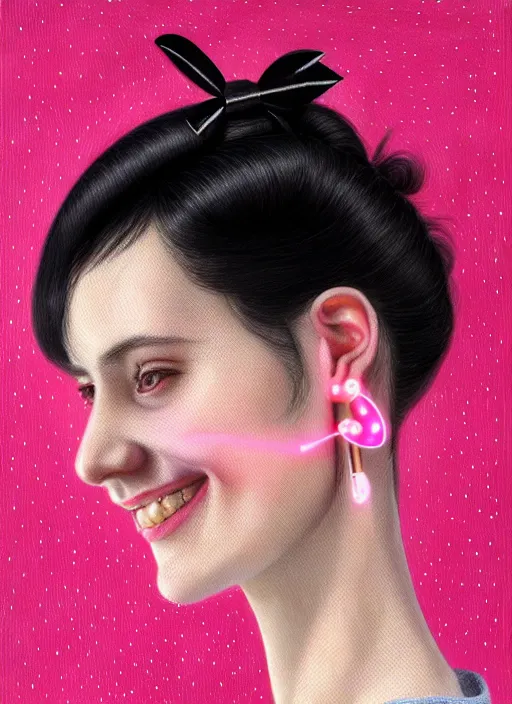 Image similar to portrait of high school girl, realistic, black hair, bangs, half updo hairstyle, pointy nose, skinny, smile, ugly, defined jawline, big chin, pink hair bow, earrings, intricate, elegant, glowing lights, highly detailed, digital painting, artstation, sharp focus, illustration, art by wlop, mars ravelo and greg rutkowski