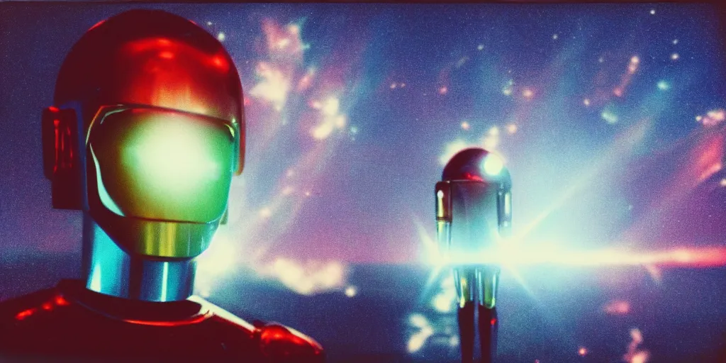 Prompt: analog polaroid portrait of a chrome android, Hajime Sorayama, sheen, red reflections, unreal engine, azure sky, big clouds visible, sunlight, reflection, sparkles, space, stars, nebula, lensflare, film grain, depth of field, color bleed