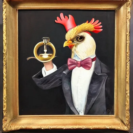 Prompt: a chicken butler, fancy mustache, monocle, highly detail, oil painting , accurate anatomy,