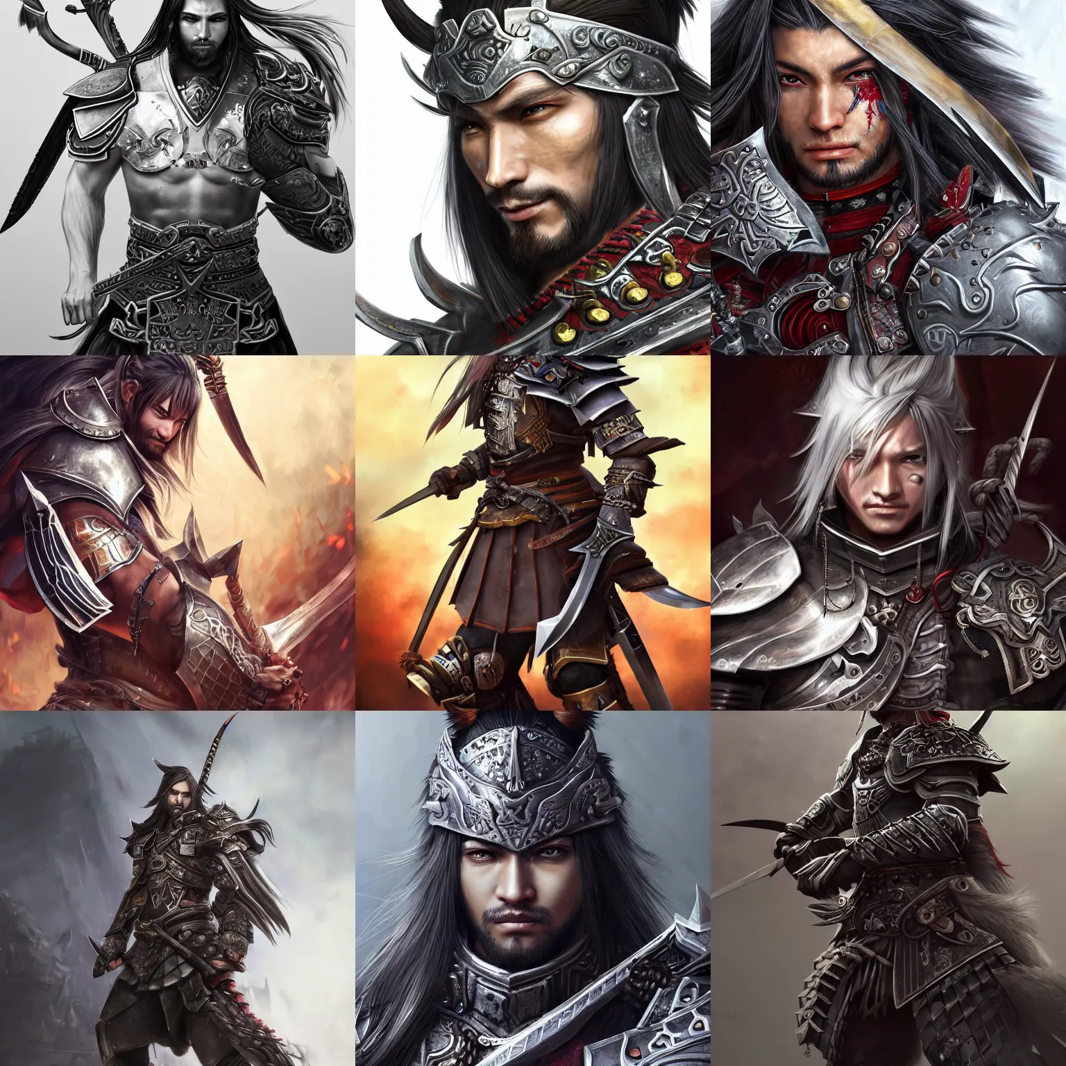 Prompt: realistic detailed semirealism warrior man wearing samurai armor. male_character, long_hair, FFXIV, iconic character splash art, Detailed, detailed metal textures, 4K high resolution quality artstyle professional artists WLOP, Aztodio, Taejune Kim, Guweiz, Pixiv, Instagram, Artstation