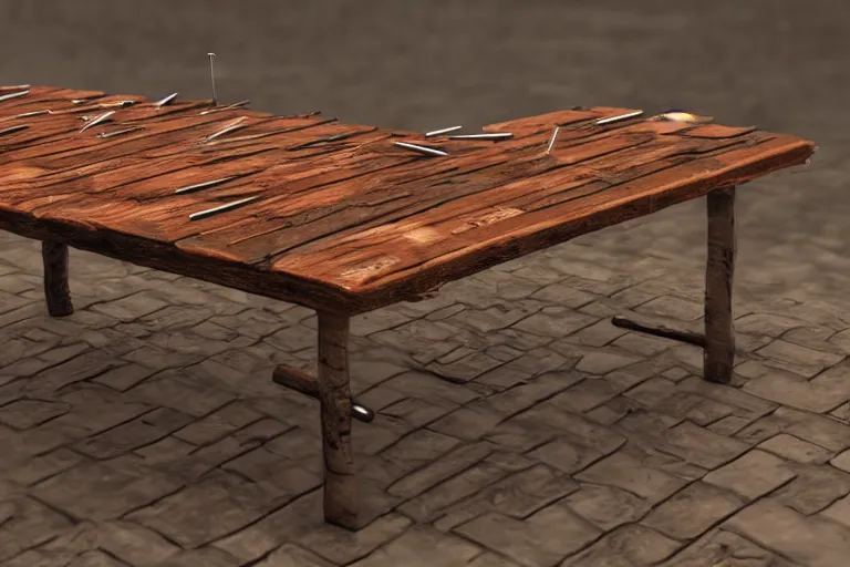 Prompt: a rustic rectangle wooden table with spikes sticking out of it. artstation highquality 4k