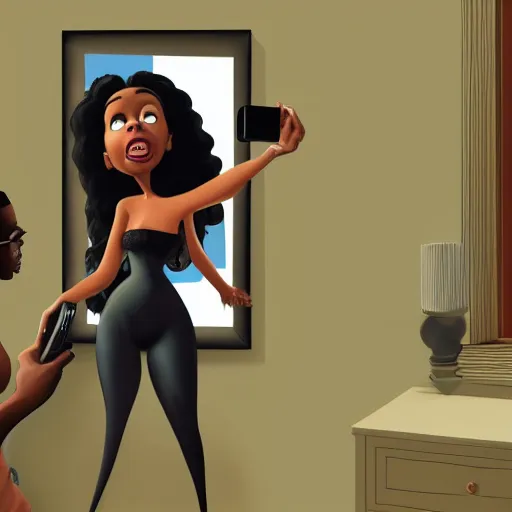 Prompt: stunning, coherent, beautiful painting, still of a creepy man following a beautiful black bbw woman into her bedroom , she is taking a selfie of the creepy man is following her, 3d, in the style of pixar, comic book style, 3d, highly detailed, highly detailed, sharp focus, bokeh, depth of field, 16k resolution, Unreal Engine 5, coherent, cinematic lighting, photorealistic, by Zhang Jingna