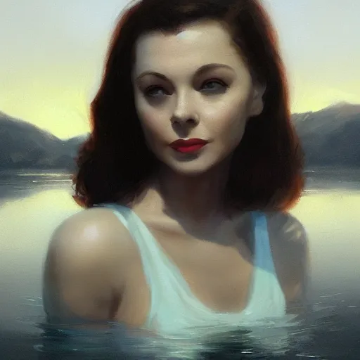 Image similar to a closeup portrait of a young vivian leigh, lake background, gorgeous view, sunset, film noir, serene, high detail, depth, masterpiece by greg rutkowski, digital art, trending on artstation