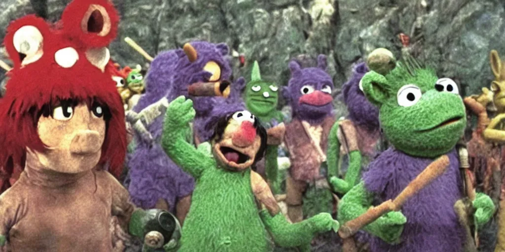 Image similar to a still from Princess Mononoke depicting the war between teletubbies and muppets