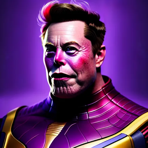 Image similar to a portrait of elon musk as thanos, the pixar adaptation, with same hairstyle, full body shot, hyper detailed, digital art, trending in artstation, cinematic lighting, studio quality, smooth render, unreal engine 5 rendered, octane rendered