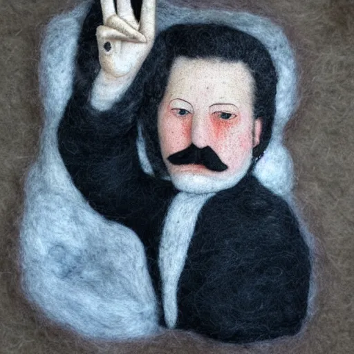 Image similar to by diego velazquez fine needle felting. a beautiful street art of a self - portrait of the artist. he is shown with his head turned to the left, looking at the viewer. his hair is wild & his eyes are wide open. his right hand is raised, as if he is pointing at something.