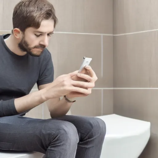 Prompt: a thoughtful young man sitting on a white marble toilet attentively staring at his smartphone, distant thoughtful look, modern apartment renaissance style